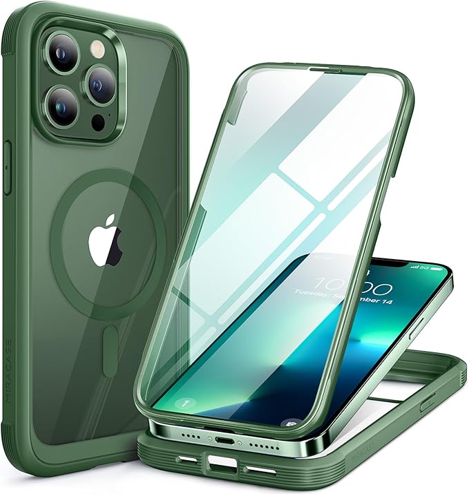 Miracase Magnetic for iPhone 13 Pro Max Case 6.7 inch, (Compatible with MagSafe) Upgrade Full-Body Clear Phone Bumper Case with Built-in 9H Tempered Glass Screen Protector, Magnetic Acacia Green