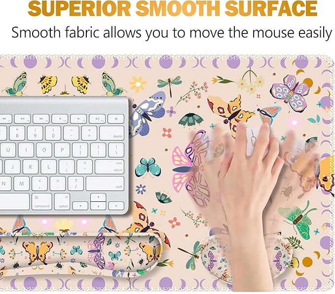 ARTSO Desk Mat Set, Apricot Extended Gaming Mouse Pad with Wrist Rest Support +Keyboard Wrist Rest +Coaster, Large Cute Butterfly Mousepad, Easy Typing and Pain Relief