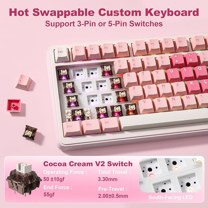 YUNZII B75 PRO MAX QMK/VIA Wireless Mechanical Keyboard,75% Layout with Screen and Knob,Hot Swap Gasket,Creamy Pre-lubed Switches,Bluetooth/Type-C/2.4G for Win/Mac (Pink Heart,Cocoa Cream V2 Switch)