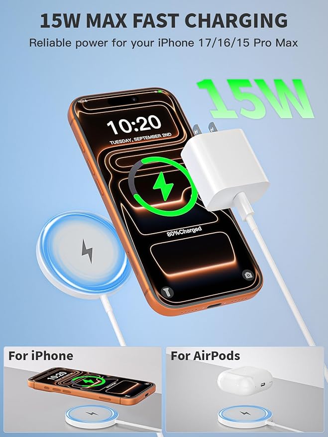 Magnetic Wireless Charger 6FT Fast Apple Mag-Safe Charger Magnet Charging Pad iPhone Mag Safe Charging for iPhone 17Pro Max/16 Pro Max/16Pro/16/iPhone 15Pro Max/15 Plus/14/13/12/AirPods 3/2/Pro/Pro 2