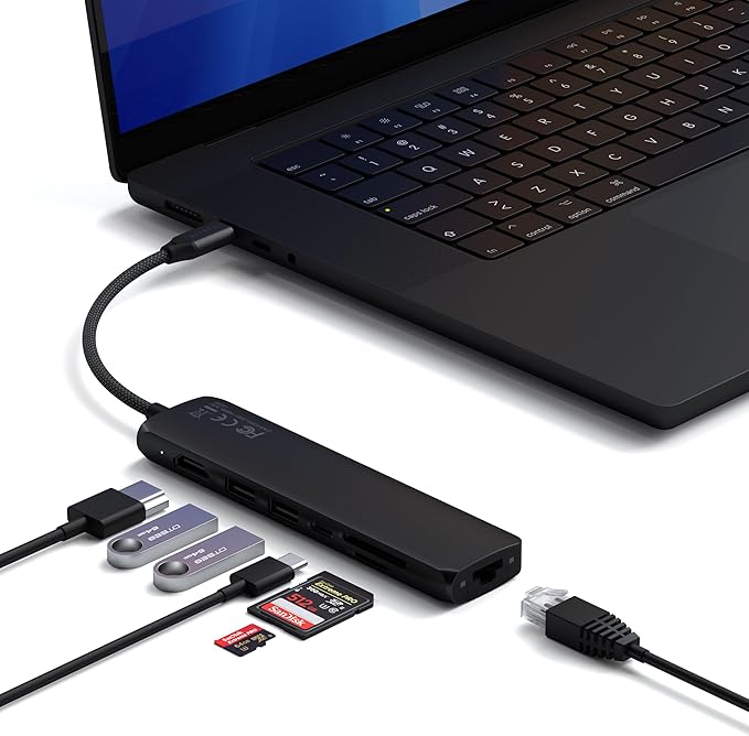 Satechi 7 in 1 USB C Hub Multiport Adapter with Ethernet, HDMI 4K@60Hz, 100W PD Charging, 2X USB-A Data Ports, Micro/SD Card Readers for MacBook Air/Pro/Neo, iPad Air/Pro, Windows - Black