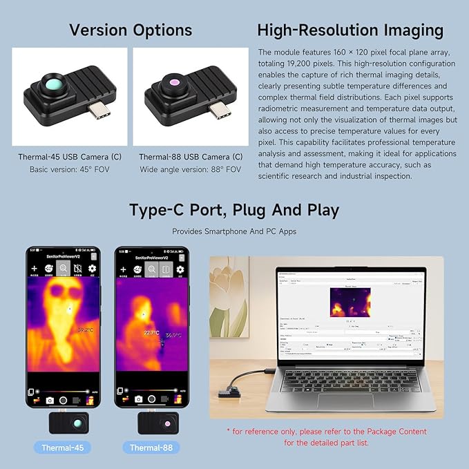 Waveshare Smartphone Infrared Thermal Imaging Camera, Type-C Port, Plug-and-Play, 160×120 Pixels, 88° Field of View, with Aluminum Alloy Case