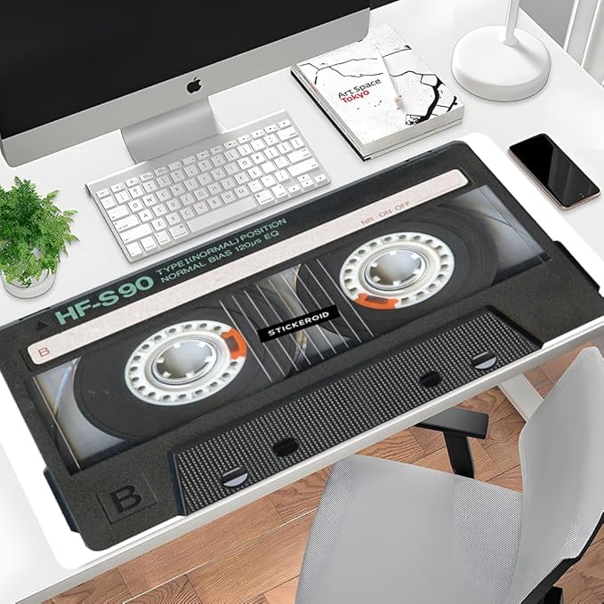 Black Vintage Tape 90s Old Music Musiccasette Mouse Pad 15.7x31.5 inches Retro Mouse Pad Big Extended Non-Slip Rubber Base Mousepad with Stitched Edges Gaming Pc Desktop Large Mouse Pad