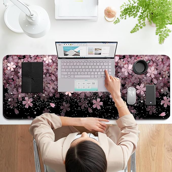 Japanese Cherry Blossom Gaming Desk Mat, Computer Keyboard Large Extended Flowers Mouse Pad for Office and Home, 31.5×11.8 Inches, XL, Black