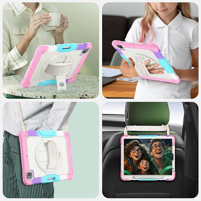 SEYMAC Case for iPad Pro 12.9 2022/2021/ 2020/2018, Heavy Duty Protection Shockproof Case with Screen Protector, 360° Rotating Stand/Handle/Shoulder Strap, Supports Pencil 2 Charging, Colorful Pink