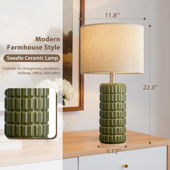 23" Modern Ceramic Table Lamps Set of 2 - Table Lamps for Living room, Farmhouse Bedside Night Stands Lamp for Bedroom, White Boho Nightstand Lamps Set of 2, Desk Lamp for End Table Home Decor(Green)