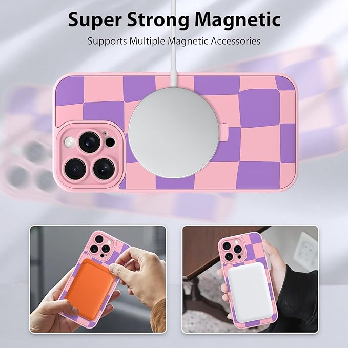 KANGHAR Compatible with iPhone 15 Pro Max Case, Support for MagSafe, Silicone Checkered Cute Pattern, Wristband Kickstand Camera Protection Soft Slim Cover for Girls Women -Pink
