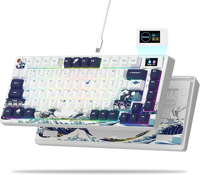Womier SK80 75% Keyboard with Color Multimedia Display Mechanical Gaming Keyboard, Wired Hot Swappable Gasket Mount RGB Custom Key Board, Pre-lubed Stabilizer for Mac/Win, White Kanagawa