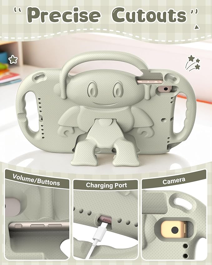 Kids Case for iPad 5th/6th Generation (9.7 inch, 2017/2018) & iPad Air 1/2 9.7" & Pro 9.7, Durable Shockproof Lightweight Kids Cover with Shoulder Strap/Handle/Kickstand, Light Grey