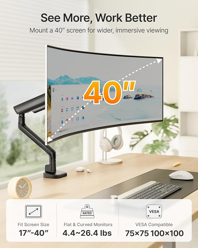 monTEK Single Monitor Arm, Mechanical Spring Monitor Arm for 17-40" Ultrawide Screens, Adjustable Monitor Desk Mount Holds up to 26.4 lbs with C Clamp/Grommet Desk Mount, VESA 75/100mm