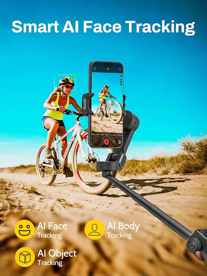 AOCHUAN Gimbal Stabilizer for iPhone w/Bluetooth Remote, 3-axis Phone Stabilizer w/7.8” Extension Rod, AI Face Tracking Smartphone Gimbal, EVA Protective Storage Bag w/Hand Strap, V8 KIT BK& B30