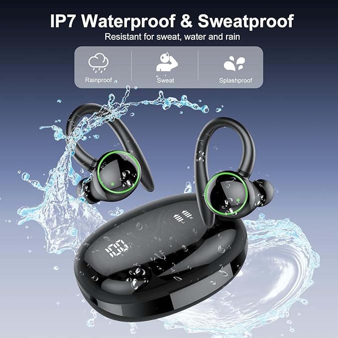 Wireless Earbuds, Bluetooth 5.4 Headphones Sport, Over Ear Buds With ENC Noise Cancelling Mic, 48H, Wireless Earphone With Earhooks, Stereo Deep Bass, IP7 Waterproof Headset for Workout, Black