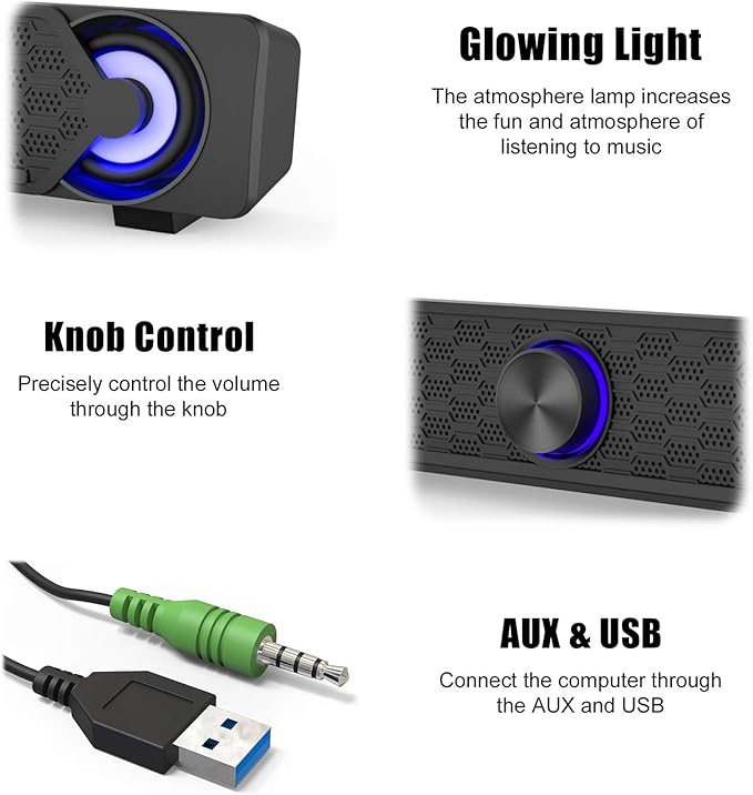 Smalody Small Computer Speakers for Desktop Gaming Monitor, PC Speakers for Desktop Monitor, Computer Speaker Wired USB Powered, Mini Soundbar with Cool Led Light Effect