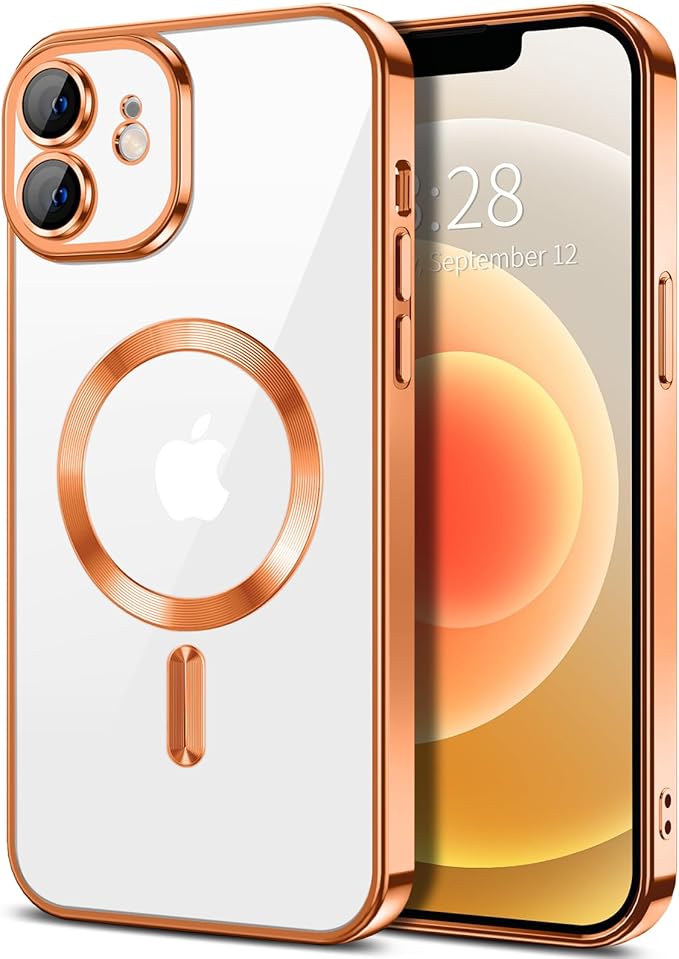 Hython Magnetic Clear for iPhone 12 Case with Camera Lens Protector [Compatible with MagSafe] Luxury Plating Edge Slim Soft TPU Cover Protective Phone Case for iPhone 12 6.1", Orange