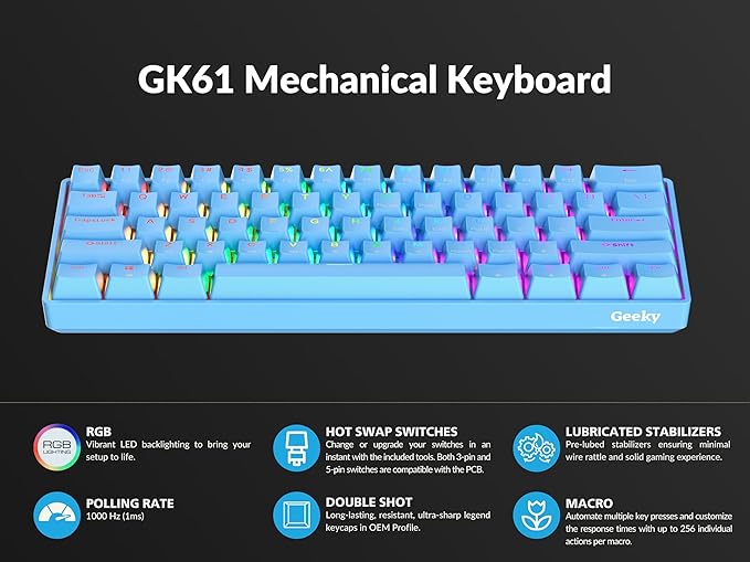Geeky GK61 60% | Hot Swappable Mechanical Gaming Keyboard | 61 Keys Multi Color RGB LED Backlit for PC/Mac Gamer | ANSI US American Layout (Blue, Mechanical Speed Silver)