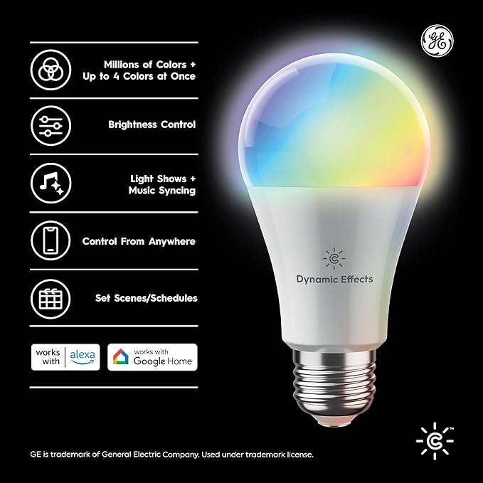 GE Cync Dynamic Effects A19 LED Smart Light Bulbs, Bluetooth and WiFi Color Changing Lights with Music Sync, Compatible with Alexa and Google Home (2 Pack)
