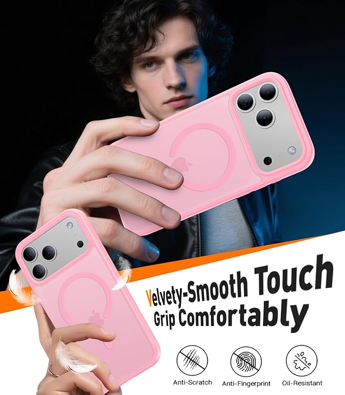 Magnetic for iPhone 17 Pro Case,[Anti-Slip][Compatible with MagSafe][Military Grade Drop Protection] Shockproof Protective Translucent Matte Phone Case for iPhone 17 Pro Case,Pink