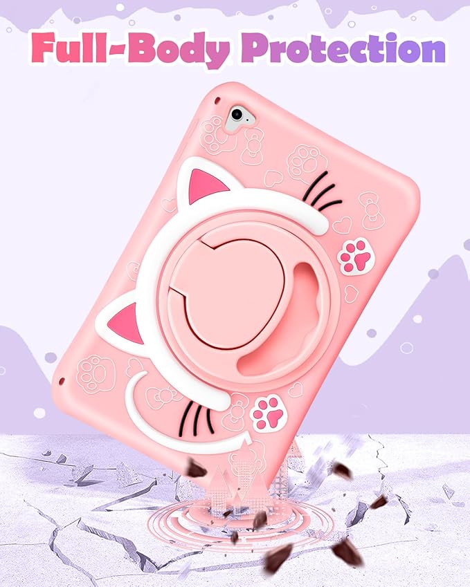 Wazzasoft for iPad 6th Generation/Air 2/ Pro 9.7 Inch Case Girls Cute Cat Kawaii Cover Girly Cartoon with Rotating Handle Stand & Strap Silicone Funda for iPad Cases 6th Gen/Air2/Pro 9.7”