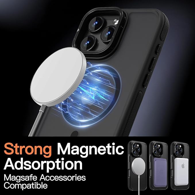 Magnetic case for iPhone 16 Pro [10Ft Military-Grade Protection] Built-in Camera Stand Phone case, Compatible with fit MagSafe Shockproof Slim Thin Cover 6.3 inch,Black Bumper Stand