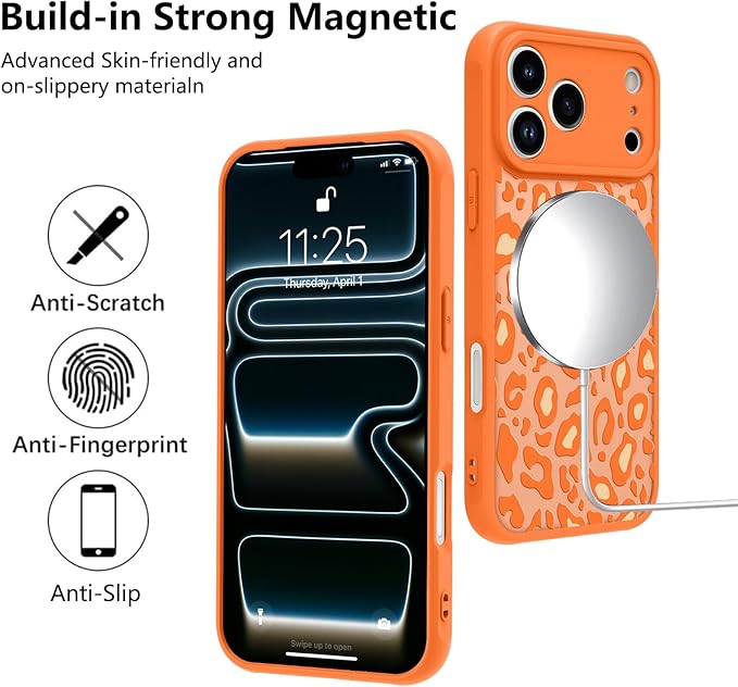 KANGHAR Case Compatible with iPhone 17 Pro Max Orange Leopard Printed Pattern [Compatible with Magsafe] Cute Cheetah Protective Magnetic Case for Girls Women 6.9"