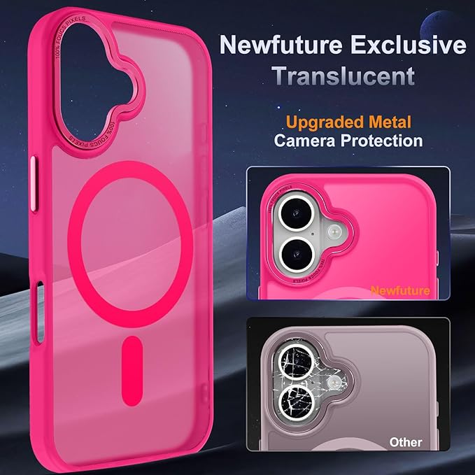 Newfuture Designed for iPhone 16 Case with Magnetic [13 FT Military Drop Protection] [Compatible with Magsafe] Slim Translucent Matte Shockproof with Anti-Fingerprint Phone Case, Hot Pink