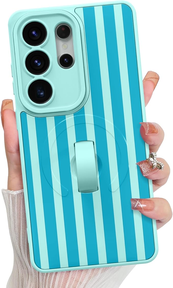 KANGHAR Compatible with Samsung Galaxy S26 Ultra Case, Support for MagSafe, Silicone Stripes Cute Pattern, Wristband Kickstand Camera Protection Soft Slim Cover for Girls Women -Blue