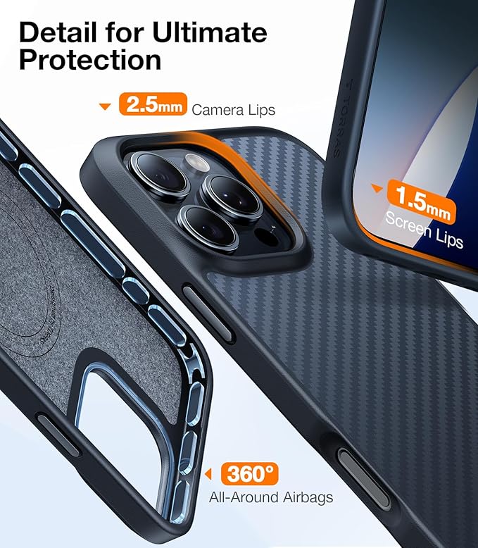 TORRAS Upgraded for iPhone 16 Pro Case Aramid Fiber Back/Black Edge | Compatible with MagSafe, Military Grade Drop Protection, Stronger Magnetic, Shockproof Airbag, Color Button, Slim Anti-Scratch | Upgraded, Stronger Magnetic, Shockproof, Slim