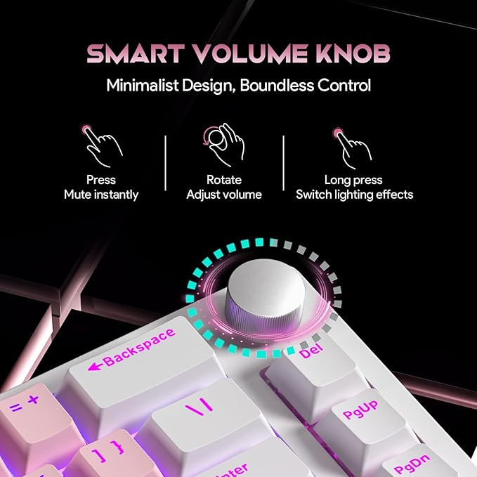 68% Wired Gaming Keyboard with Volume Knob, RGB Backlit, Mechanical Keyboard Gasket Mount with PBT Keycaps,8000 Hz Polling Rate, Hall Effect Cream Switches, Hot-Swap, for FPS Games (White+Pink)