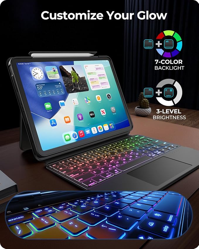 Clear Magnetic Keyboard Case for iPad Air 13" (M3/M2 2025/2024) & iPad Pro 12.9" (6/5/4/3 Gen) 2018 2020 2021 2022, 7-Color Backlit & Multi-Touch Trackpad, Rotatable & Liftable w/Stand, Black