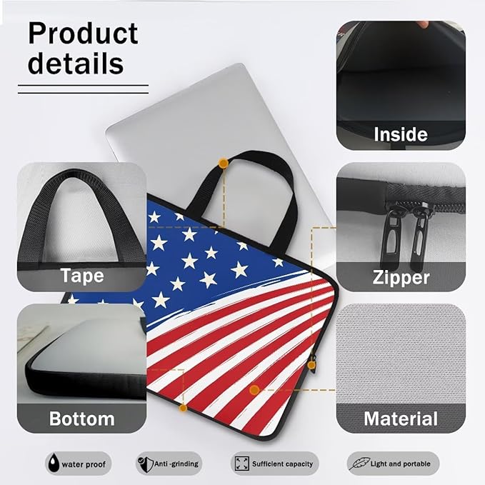 17 Inch American Flag Laptop Sleeve, Red White and Blue Laptop Cover Computer Bag Tablet Carrying Case, Zipper Tote Bags Notebook Sleeves Independence Day Gifts for Men Women