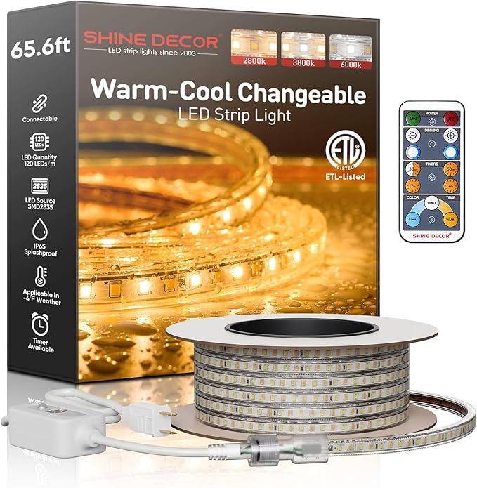 Shine Decor LED Strip Light Connectable, CCT 2800-6000K Warm-Cool Changing Tone for Room, 65FT 120V Plug-in Outdoor Rope Lighting Cold Resistant Waterproof ETL Listed, Remote Timer Available