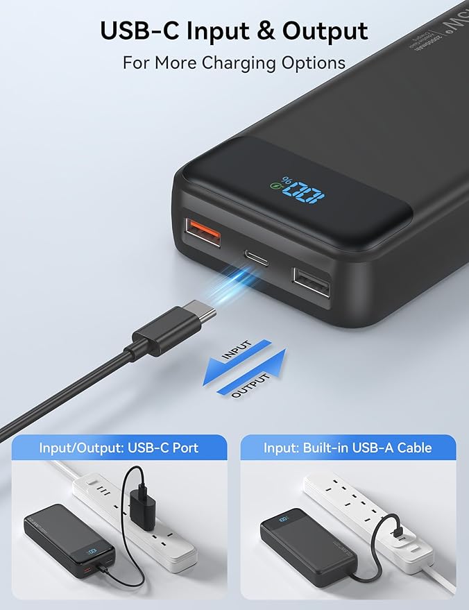 Portable Charger, 20000mAh 22.5W Fast Charging Power Bank with 4 Built-in Cables, Travel Essentials External Battery Pack with LED Display, 6 Outputs Charging Bank for iPhone, iPad, Samsung etc Black