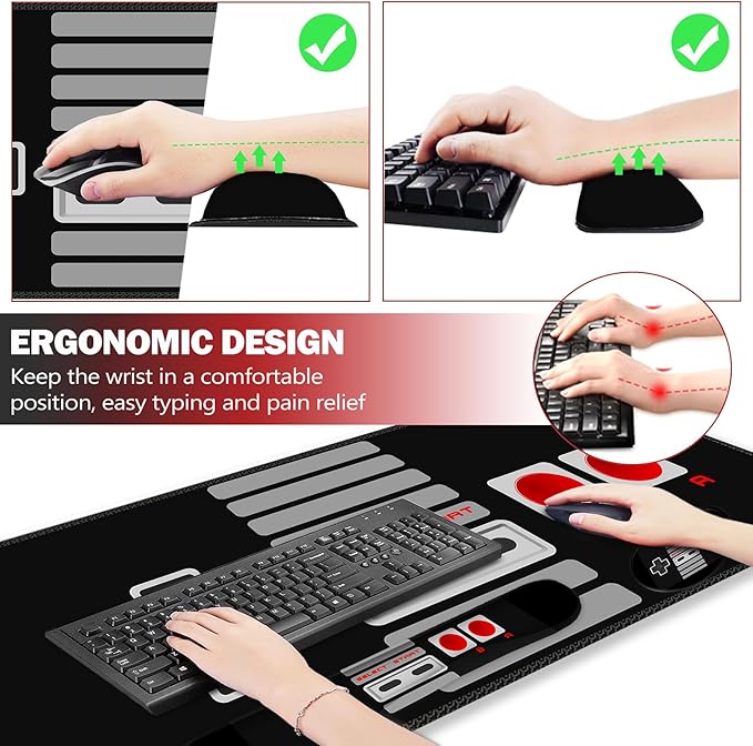 ARTSO Large Gaming Mouse Pad, Keyboard Wrist Rest Pad & Wrist Support Mousepad Set, Stitched Edge, Extended, Non-Slip Base, Memory Foam Desk Mat, Black Game Console