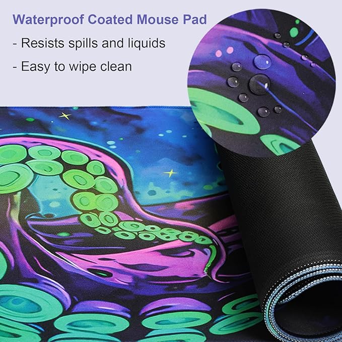 Simpkeely Blacklight Octopus Gaming Mouse Pad – UV Reactive Kraken Tentacles Desk Mat, Neon Glow in The Dark Waterproof Extended Mousepad with Non-Slip Rubber Base for Office & Home – 31.5" x 11.8"