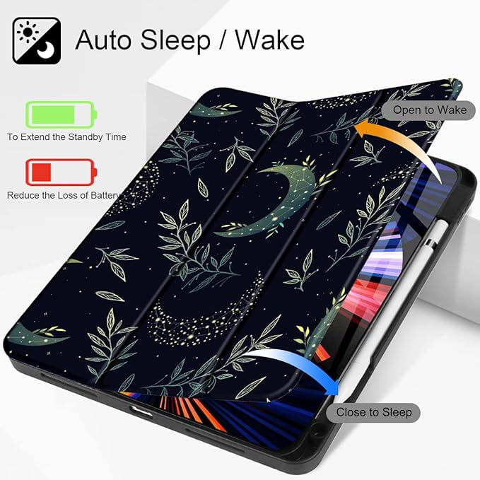 Tuiklol Case for iPad Pro 12.9 inch Generation 6th/5th/4th/3rd 2022 2021 2020 2018 Release - Built in Pencil Holder Slim Protective Stand Back Cover with Auto Wake/Sleep iPad Cover,Green Celestial
