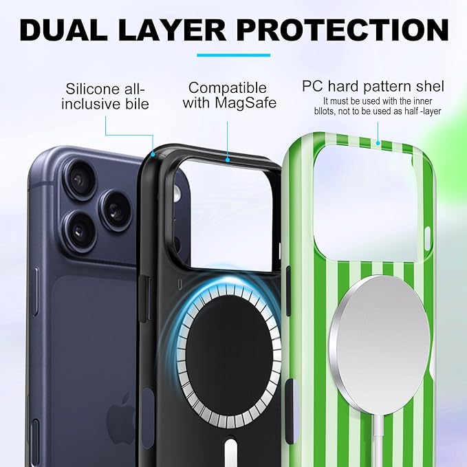 Magnetic for iPhone 17 Pro Case Cute Stripes Phone Case, Shockproof Slim TPU and Hard PC Protective Phone Cover Compatible with MagSafe Designed for Women Girls, Deep Green