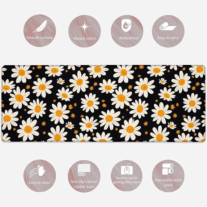 Charming Daisy Gaming Mouse Pad, Large White Floral Desk Mat for Laptop Keyboard Computer, Non-Slip Rubber Base Desktop Extended Mousepad for Office Home Accessories 31.5"×11.8"