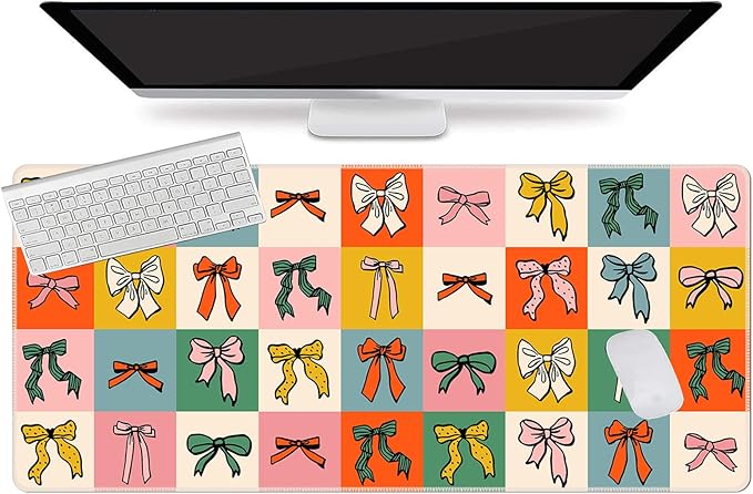 L-SPOUTTO Geometric Bow Desk Mat for Keyboard and Mouse,XXL Large Mouse Pad Non-Slip Keyboard Pad Waterproof Desktop Mat for Laptop Computer Work Game Home Office-Checkered Bow