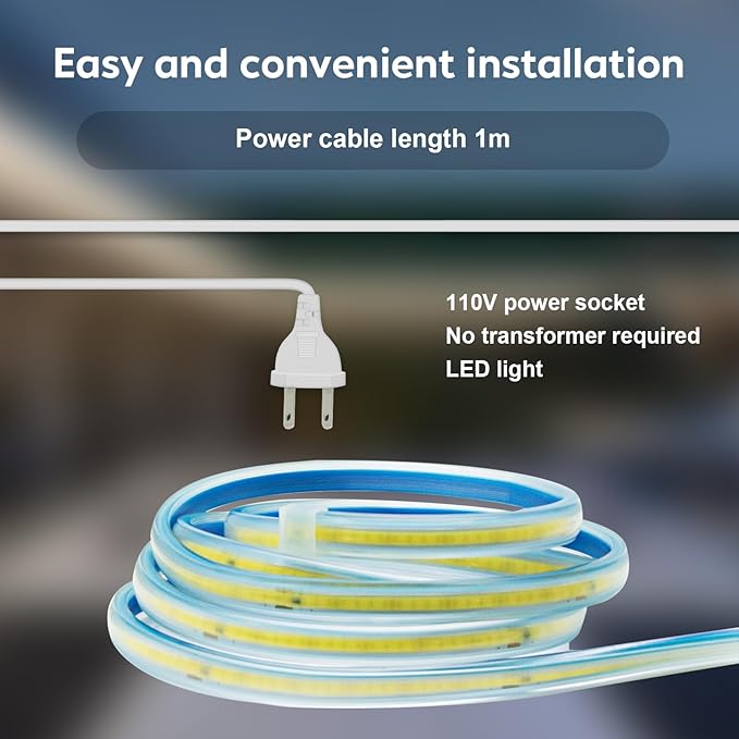 Outdoor COB Strip Light 5 Meter LED Tape Light Waterproof 110v LED Strip Lights Plug-in LED Strip with 3000K Brightness Rope Lights for Bedroom Home Kitchen Decor (Warm White, 16.4ft)