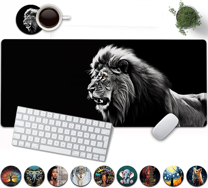 Large Mouse Pad, 31.5 x 11.8in Extended Gaming Mouse Pad with Stitched Edges, XXL Mousepad Protector Non Slip Rubber Base for Office and Home Writing Mat, Fierce Lion Pattern Black Desk Mat