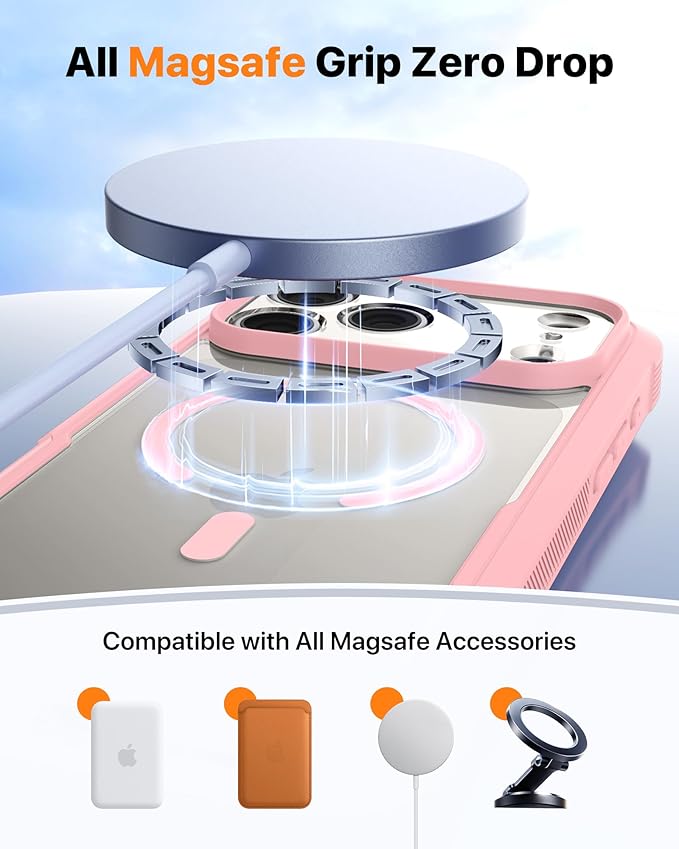 Diaclara Magnetic Designed for iPhone 17 Pro Case Full Body Bumper,[Compatible with MagSafe] Military Drop Proof Cover with Built-in Touch Sensitive Anti-Scratch Screen Protector,Pink