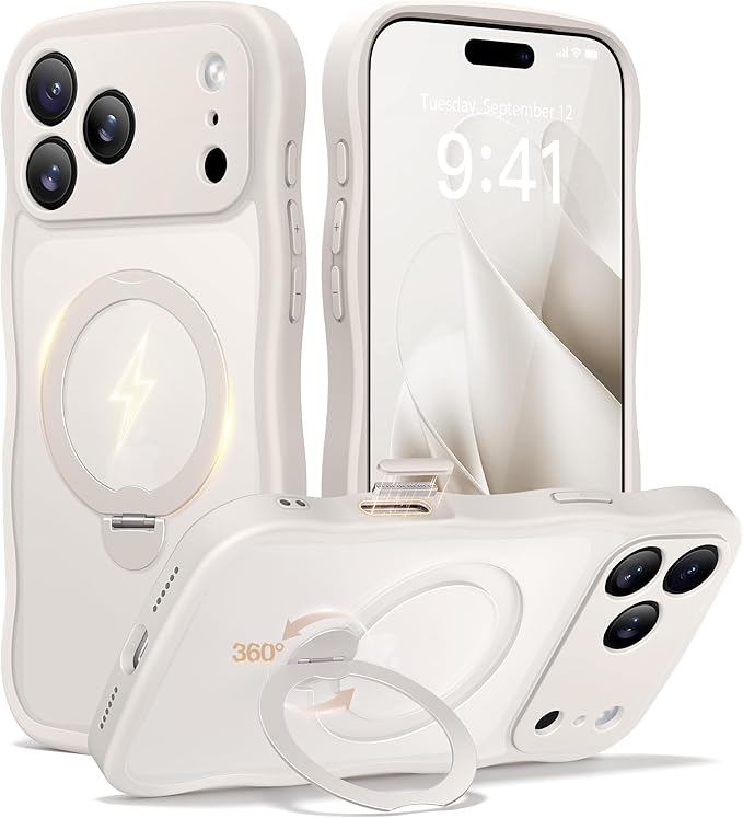 CAPRARO for iPhone 17 Pro Case with 360° Spin Magnetic Stand for Women, [Compatible with MagSafe] [Full Camera Protection] Cute Wave Translucent Matte Case for iPhone 17 Pro, Stone