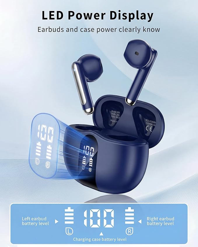 Wireless Earbuds, 2026 Bluetooth 5.4 Headphones Bass Stereo Ear Buds with Noise Cancelling Mic, LED Display in Ear Earphones 50H Playtime Ear Buds, IP7 Waterproof for Laptop Pad Phones Deep Blue