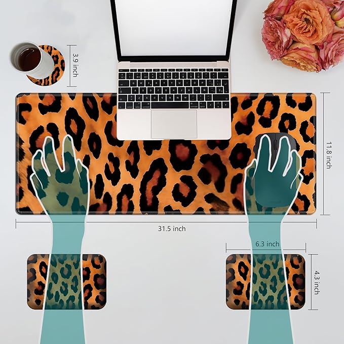 Wrist Elbow Support Arm Rest Desk Mouse Pad Set,Large Mouse Pad + 2 Elbow Rest Pad + Coaster,(31.5×11.8 in) Ergonomic Memory Foam for Office,Gaming,Computer,Laptop-Leopard Print