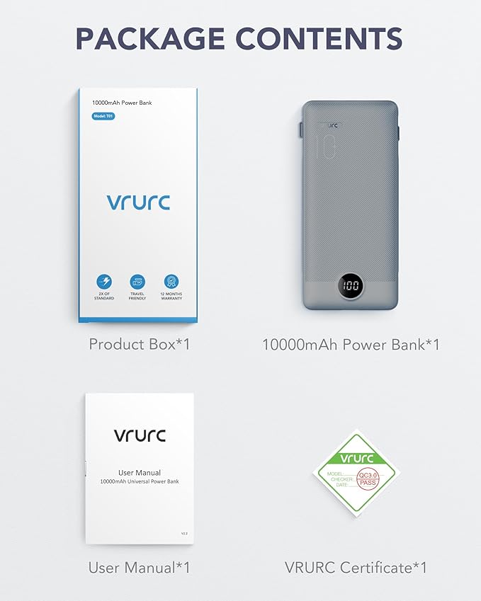 VRURC Portable Charger Built-in Cables and AC Wall Plug, USB C Power Bank 10000mAh, Travel Battery Portable Phone Charger Compact Lightweight External Battery Pack for Smart Phones, Tablets etc-Grey