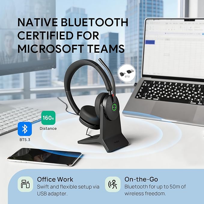 Yealink BH74 UC ANC Bluetooth Headset with Microphone for Hybrid Work, Microsoft Teams Premium Open Ofﬁce Certified Headsets with 6-mics Active Noise Cancellation, Zoom Certified, 65H Battery