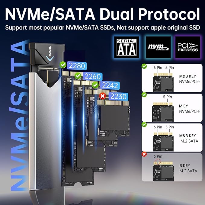 SSK M.2 NVME SATA SSD Enclosure, Improved RTL9210B Chip USB 3.2 Gen 2 10Gbps to PCI-E NGFF Adapter, M-Key/B+M Key External SSD Enclosure Aluminum Support UASP Trim 2242/2260/2280