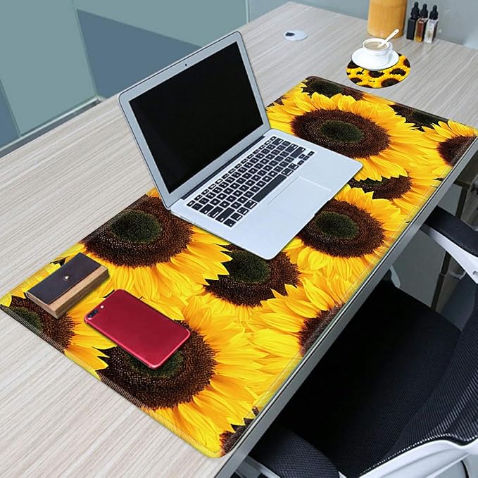 Large Gaming Mouse Pad Non-Slip Keyboard Pad Soft Extended Desk Mat Desktop Writing Pad (31.5"×11.8") with Yellow Sunflower Design for Home & Office + Cup Coaster