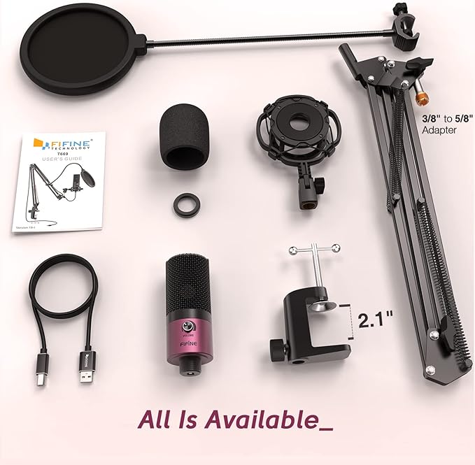 FIFINE Podcast Microphone Kit-USB PC Computer Recording Microphone, Condenser Mic Set for Streaming, Gaming, Voice-Over, Meeting, with Arm Stand, Shock Mount, Pop Filter-T669 Rose Red