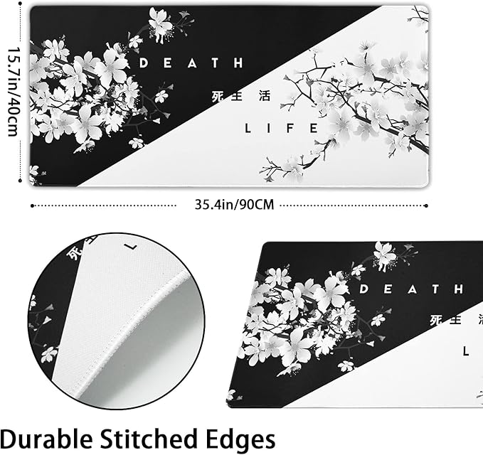 Black White Cherry Blossom Mouse Pad Japanese Sakura Death Life Extended Desk Mat 90X40 CM Non-Slip Rubber Base Stitched Edge Large xxl Playmat for Gaming Laptop Computer Office Desktop,35.4×15.7 Inch